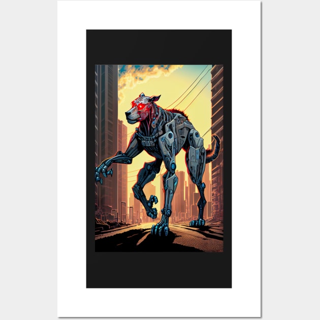 Giant futuristic robot cyborg dog attacking the city Wall Art by KoolArtDistrict